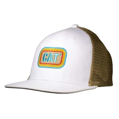 A white and khaki mesh trucker hat with a flat bill and structured crown, featuring a retro-style embroidered CAT logo in blue, orange, and yellow on the front panel.